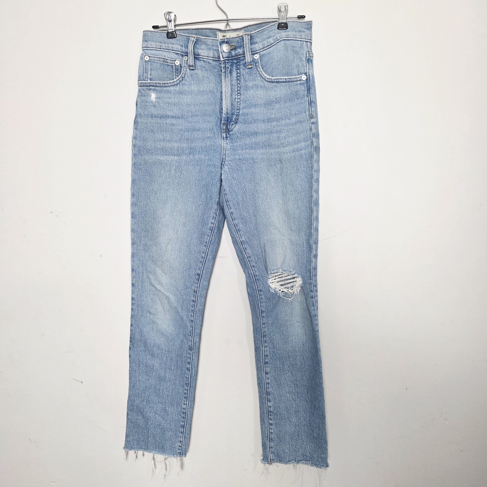 Madewell Blue Straight Leg Jeans with Distressed Details